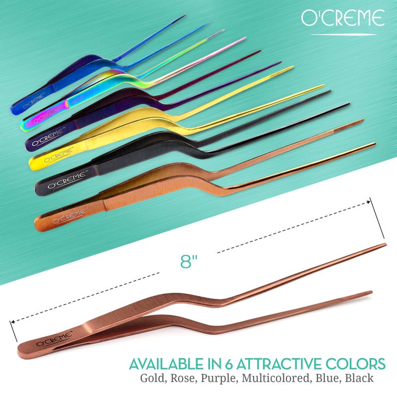 O'Creme 8 Inch Black Stainless Steel Precision Kitchen Culinary Offset Tweezer Tongs - Image 4